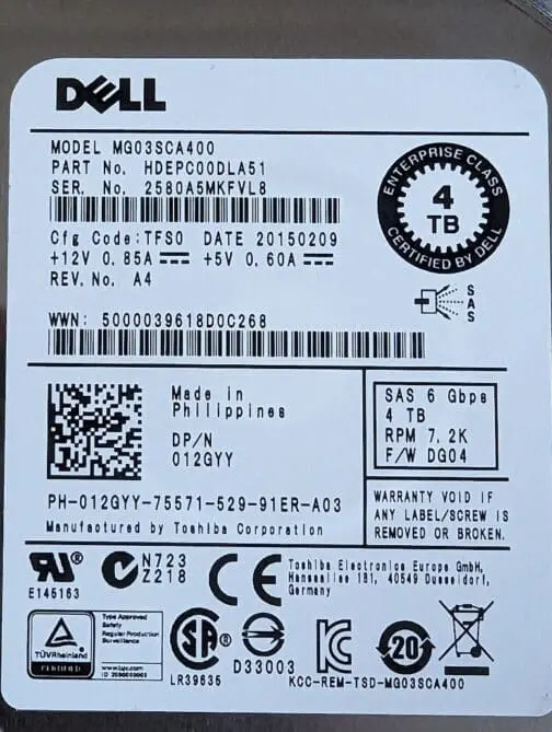 Dell 4TB 12GYY 6Gbps 3.5" Hard Disk Drive SAS Server Enterprise MG03SCA400 - Image 2