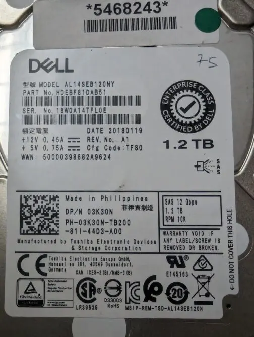 Dell 1.2TB 03K30N SAS 2.5" 12Gb/s Enterprise Hard Drive AL14SEB120NY - Image 2