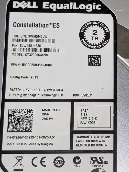 Dell 2TB T926W 3.5" SATA 6Gb/s Hard Drive EqualLogic 9JW168-536 ST32000644NS - Image 3