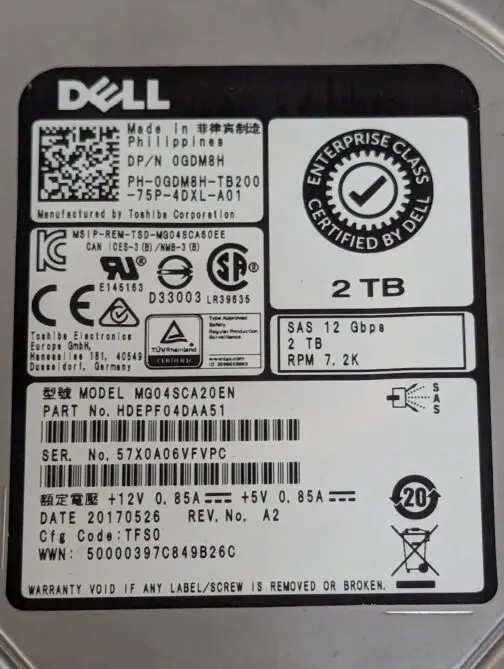 Dell 2TB 0GDM8H SAS 12Gb/s 3.5" 7.2K RPM SAS Server Hard Disk Drive MG04SCA20EN - Image 2