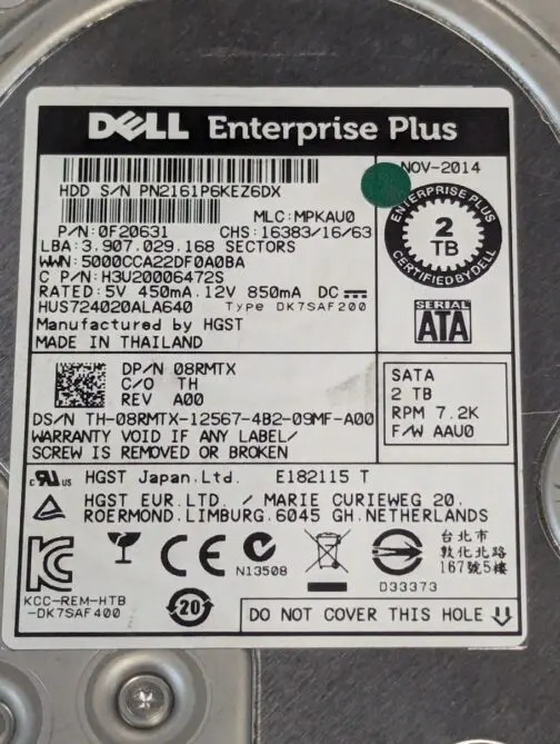 Dell 8RMTX 2TB Enterprise Plus 3.5" 7.2K SATA Hard Disk Drive HUS724020ALA640 - Image 2