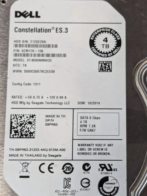 Dell 4TB SATA 3.5" 6Gb/s Enterprise HDD 9PR63 ST4000NM0033 Read description - Image 2