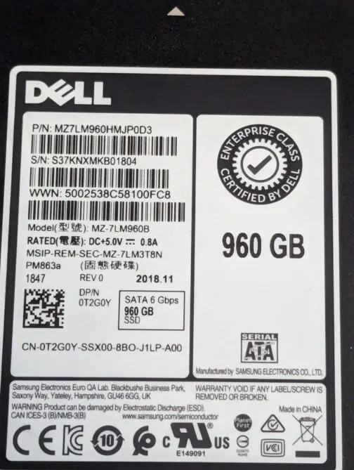 Dell 960GB T2G0Y 2.5" Enterprise SATA SSD 6Gb/s SM863a MZ-7LM960B - Image 2