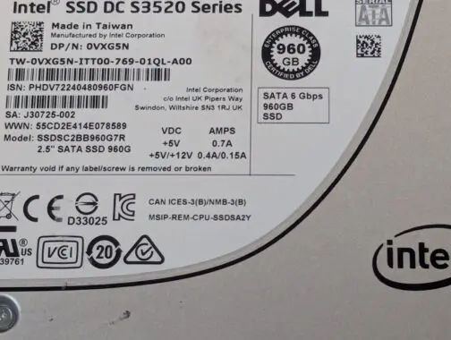 Dell / Intel DC S3520 SSDSC2BB960G7R 960GB 6G SATA 2.5" Solid State Drive VXG5N - Image 2