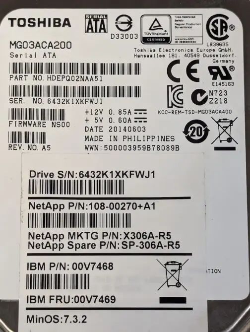 Toshiba NetApp 2TB 00V7468 SATA 3.5" Hard Drive 512 Format MG03ACA200 - Image 2