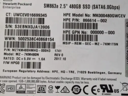 HP 480GB SM863a 866614-002 SATA 6Gb/s 2.5" SSD MZ-7KM480N - Image 2