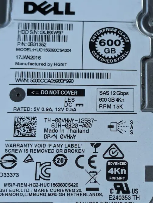 Dell 600GB 0VHWY 15k 2.5" SAS Server Hard Drive HUC156060CS4204 W/ Tray - Image 2