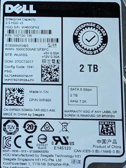 Dell 2TB 0VR92X SATA 6Gb/s Hard Drive ST2000NX0423 w/tray - Image 2