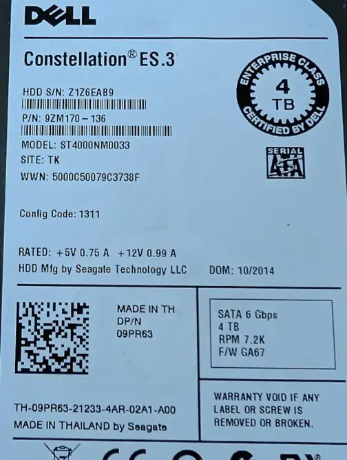 Dell 4TB SATA 3.5" 6Gb/s Enterprise HDD 9PR63 Constellation ES.3 ST4000NM0033 - Image 2