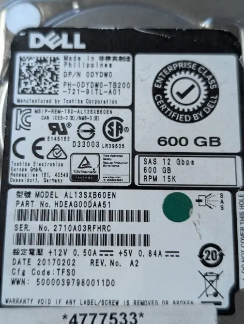 LOT OF 2 Dell 600GB DYDW0 15K SAS 2.5" 12 Gb/s Enterprise HDD AL13SXB60EN - Image 2