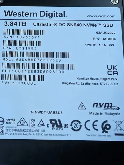 Western Digital 3.84TB PCIe NVMe Gen3 x4 U.2 2.5" SSD WUS4BB038D7P3E3 - Image 2