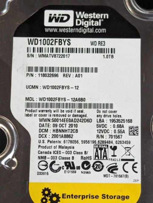 LOT OF 2 Western Digital 1TB WD1002FBYS SATA II 3Gbps 3.5" Hard Drive Enterprise - Image 2