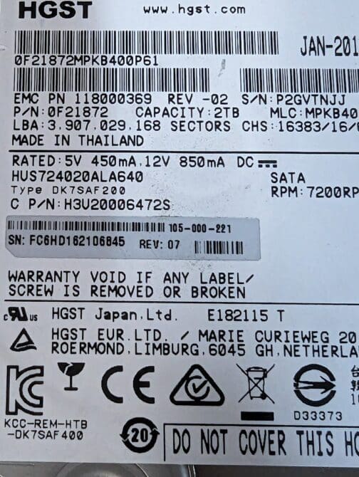 HGST 0F21872 2TB SATA 3.5" 512 Format Hard Drive HUS724020ALA640 - Image 2