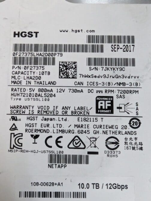 HGST/NetApp 10TB 0F27375 SAS 3.5" 12Gb/s Hard Disk Drive HUH721010AL5204 - Image 2