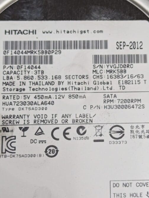 Hitachi 3TB 0F14044 3.5" SATA 6Gb/s Hard Disk Drive 512 Format HUA723030ALA640 - Image 2